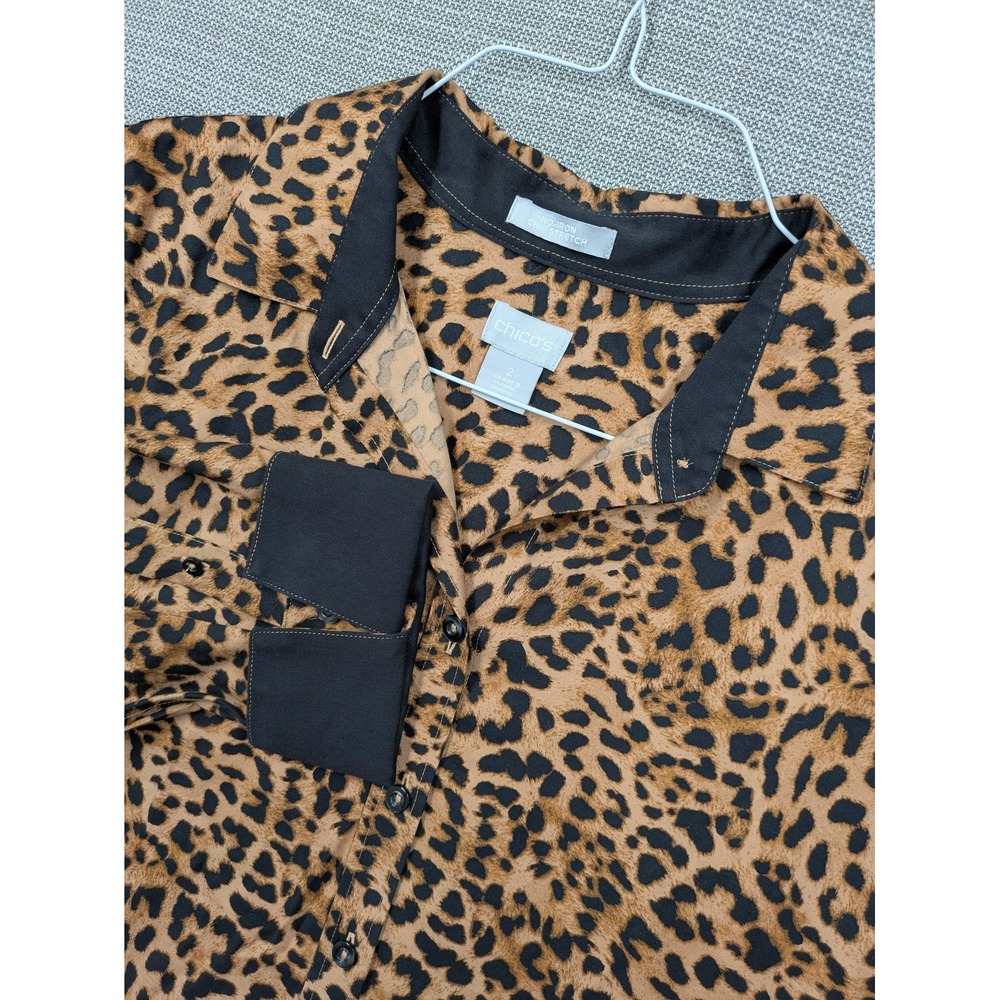 Chicos Shirt Womens 2 Brown Leopard Print No Iron Stretch Button Up Long Sleeve